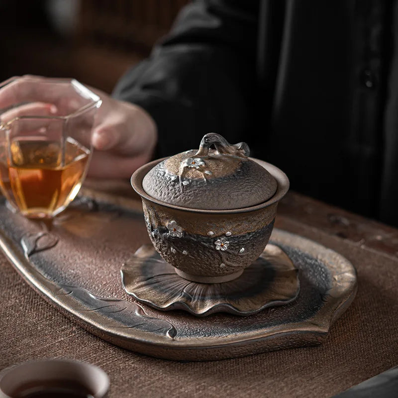 Japanese-style Gilt Iron Glazed Plum-blossom Covered Bowl Tea Cup Ancient Fired Handmade Rough Pottery Gaiwan Teaware Kitchen