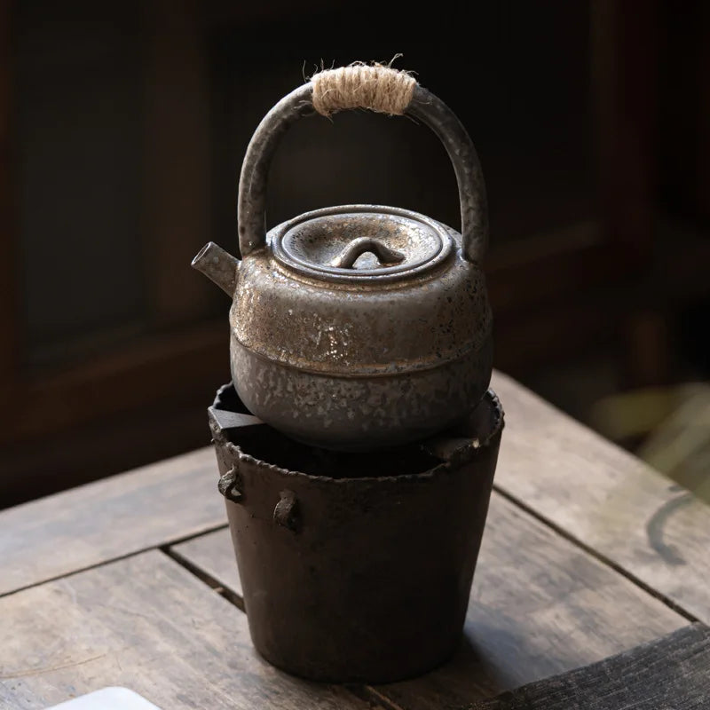 Japanese-style Kiln Changed Retro Stoneware Large-sized Handle Teapot Handmade Pottery Kung Fu Wide-mouth Warm Tea Kettle