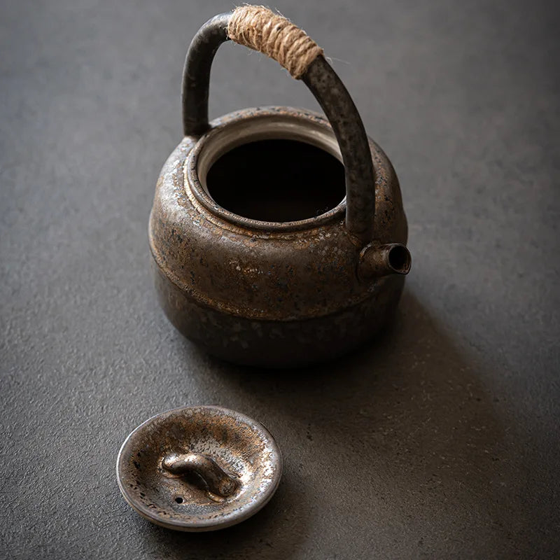 Japanese-style Kiln Changed Retro Stoneware Large-sized Handle Teapot Handmade Pottery Kung Fu Wide-mouth Warm Tea Kettle