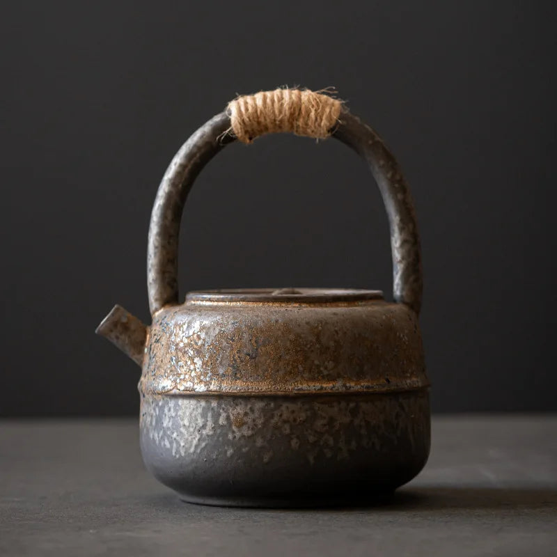 Japanese-style Kiln Changed Retro Stoneware Large-sized Handle Teapot Handmade Pottery Kung Fu Wide-mouth Warm Tea Kettle