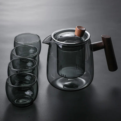 Japanese style glass teapot  High temperature resistance  built-in filter kung fu tea set suit- Clear-Smoke grey thickened glass