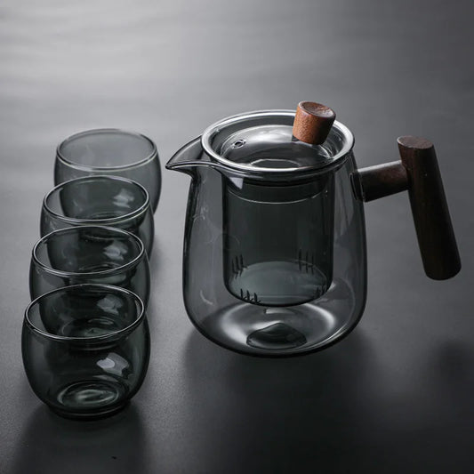 Japanese style glass teapot  High temperature resistance  built-in filter kung fu tea set suit- Clear-Smoke grey thickened glass