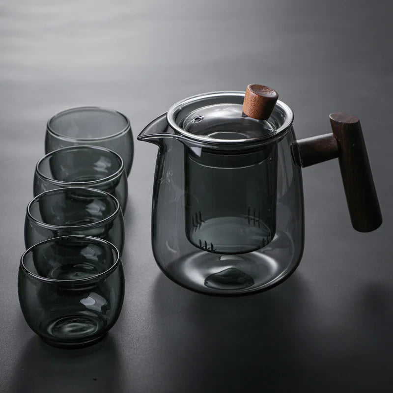 Japanese style glass teapot  High temperature resistance  built-in filter kung fu tea set suit- Clear-Smoke grey thickened glass