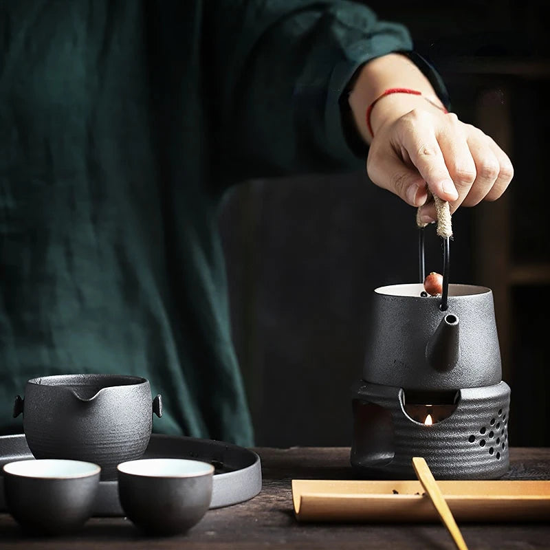 JapaneseBlackPotterySmalCeramicTeapotCandleHeatingStoveHeatingTeapotTeaSetHeatPreservationStoveTeaSetKitchenCatering