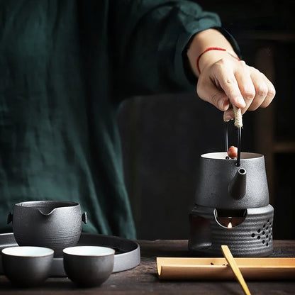 JapaneseBlackPotterySmalCeramicTeapotCandleHeatingStoveHeatingTeapotTeaSetHeatPreservationStoveTeaSetKitchenCatering