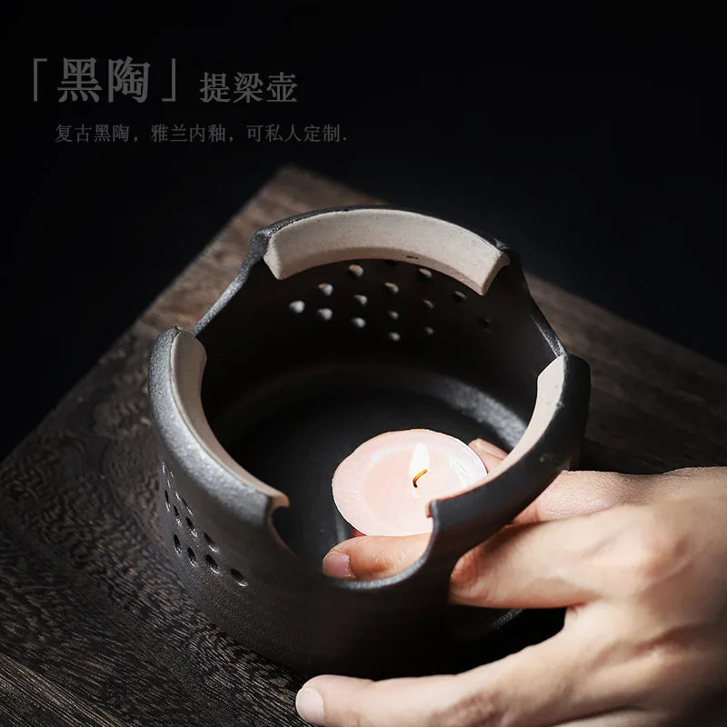 JapaneseBlackPotterySmalCeramicTeapotCandleHeatingStoveHeatingTeapotTeaSetHeatPreservationStoveTeaSetKitchenCatering