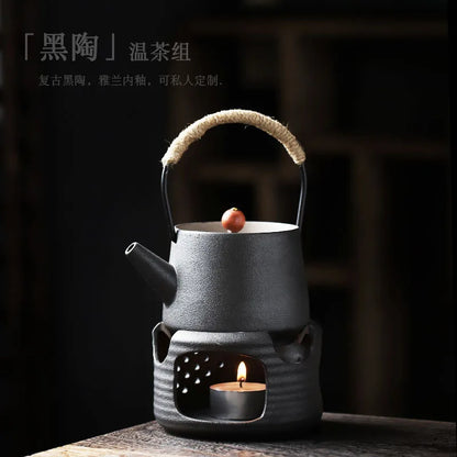 JapaneseBlackPotterySmalCeramicTeapotCandleHeatingStoveHeatingTeapotTeaSetHeatPreservationStoveTeaSetKitchenCatering