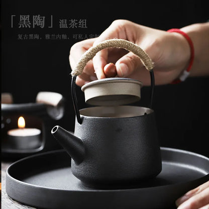 JapaneseBlackPotterySmalCeramicTeapotCandleHeatingStoveHeatingTeapotTeaSetHeatPreservationStoveTeaSetKitchenCatering