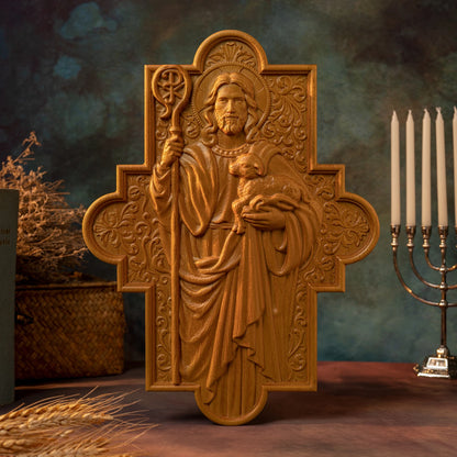 Jesus Christ Shepherd Wood Plaque Good Shepherd Religious Gift Wood Carved Christian Wall Art Decoration Image of Catholic Saint