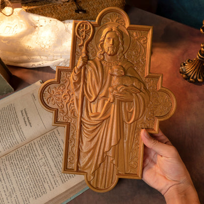 Jesus Christ Shepherd Wood Plaque Good Shepherd Religious Gift Wood Carved Christian Wall Art Decoration Image of Catholic Saint