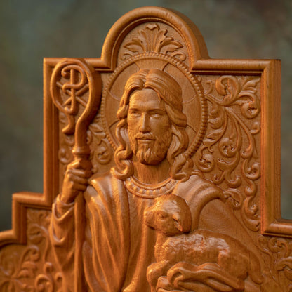 Jesus Christ Shepherd Wood Plaque Good Shepherd Religious Gift Wood Carved Christian Wall Art Decoration Image of Catholic Saint