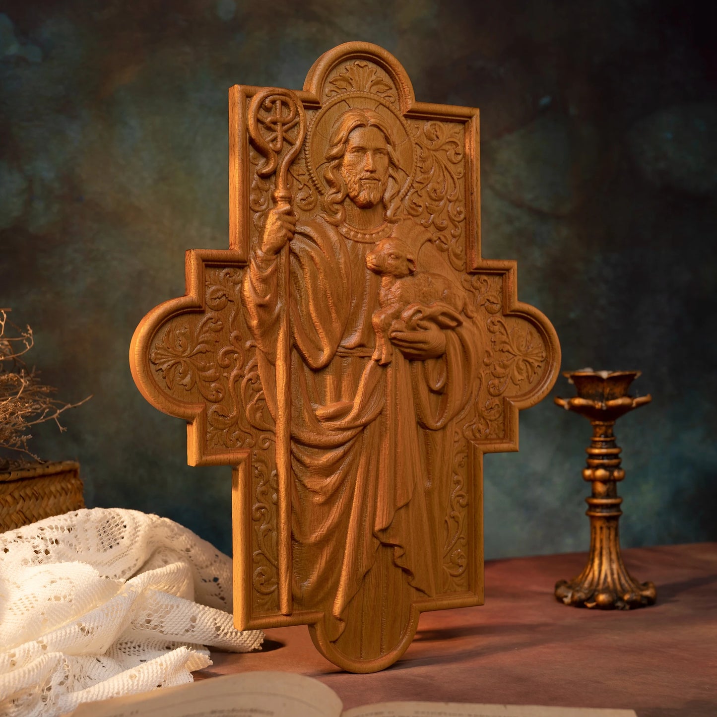 Jesus Christ Shepherd Wood Plaque Good Shepherd Religious Gift Wood Carved Christian Wall Art Decoration Image of Catholic Saint