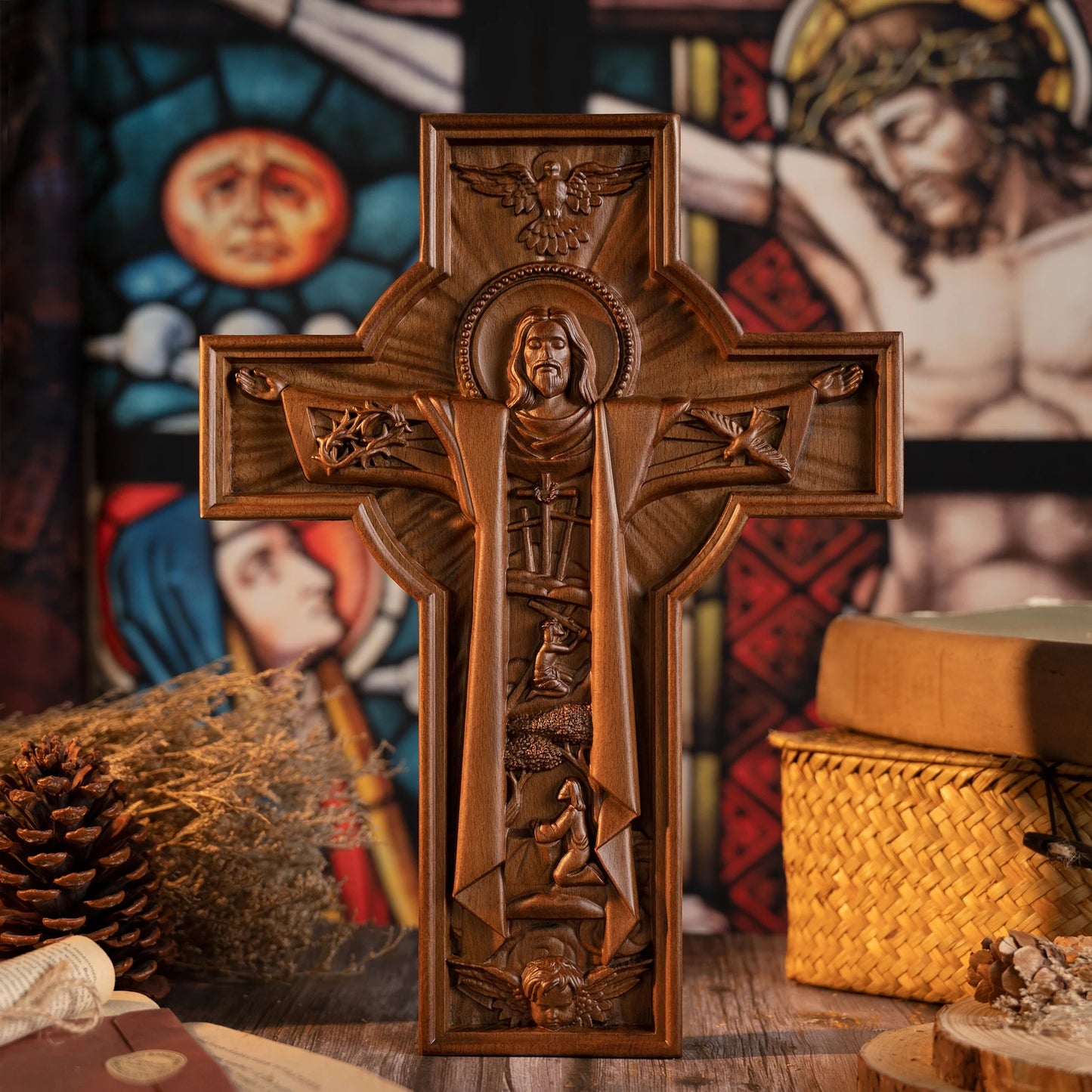 Jesus Easter Cross Wood Carving Indoor Wall Decor Wooden Cross Christian Wall Cross Religion Baptism Easter Gift