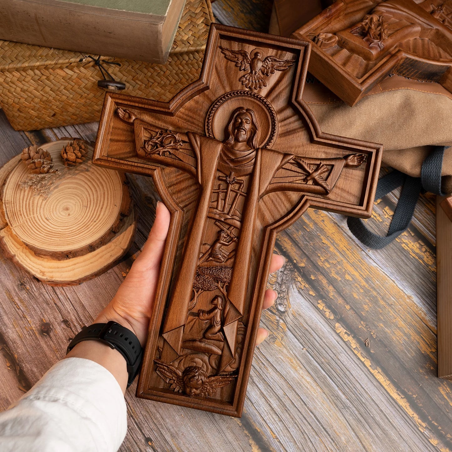 Jesus Easter Cross Wood Carving Indoor Wall Decor Wooden Cross Christian Wall Cross Religion Baptism Easter Gift