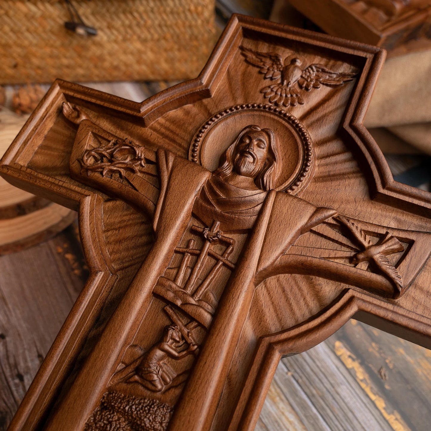 Jesus Easter Cross Wood Carving Indoor Wall Decor Wooden Cross Christian Wall Cross Religion Baptism Easter Gift