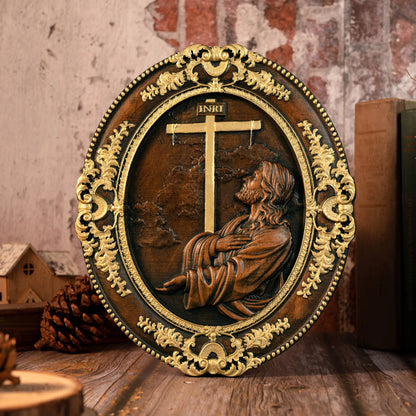 Jesus Mountain Garden Prayer Plaque Wood Carving Catholic Church Decoration Jesus Statue Christian Wall Decoration Easter Gift