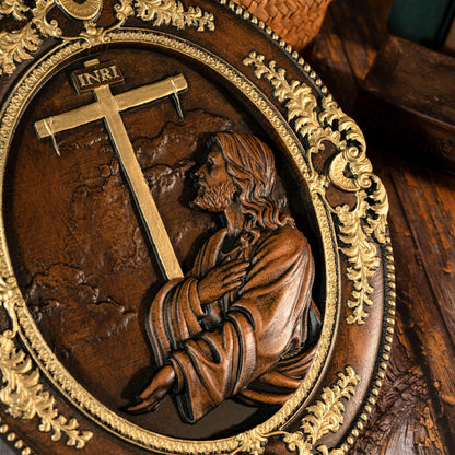 Jesus Mountain Garden Prayer Plaque Wood Carving Catholic Church Decoration Jesus Statue Christian Wall Decoration Easter Gift