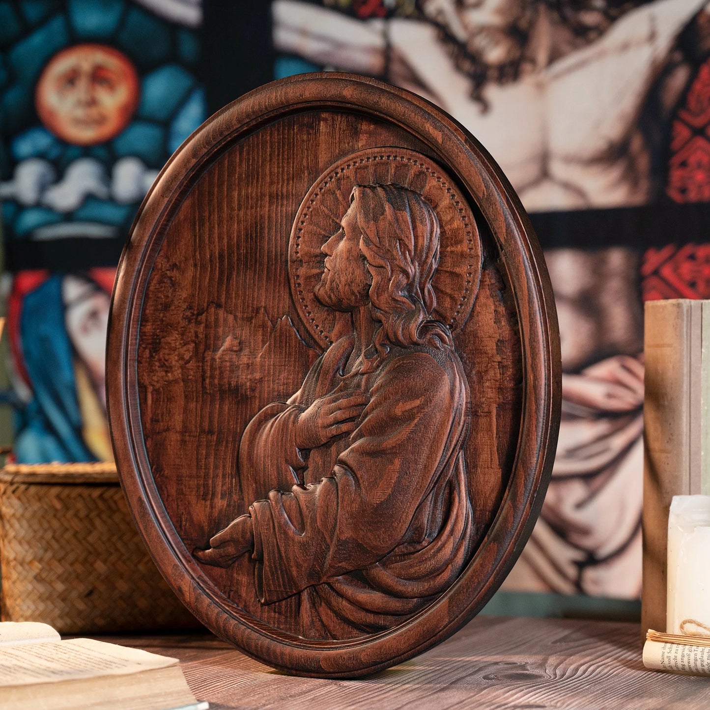 Jesus praying oval wood plaque religious saint figure catholic religious statue wall decoration gift for christians