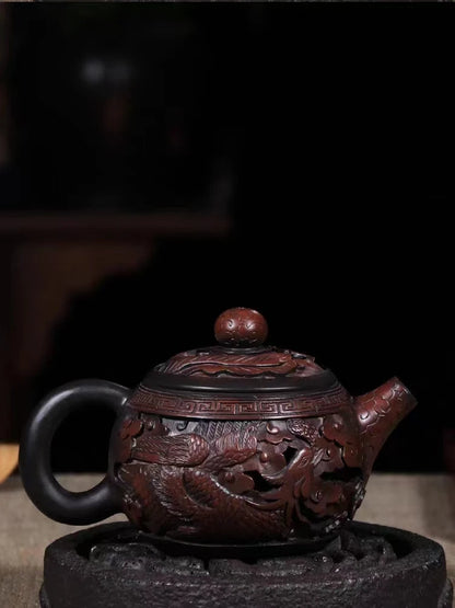 Jianshui Handmade Master Double layer Dragon Carving  Tea Pot(Not Yixing Zisha) Kung Fu Tea Set Drinkware Tea Ceremony