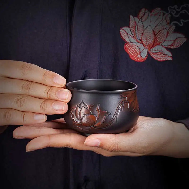 Jianshui-Handmade Relief Master Tea Cup, Ceramic Cup, Large Purple Pottery, Chinese Kungfu Teaset, Tea Accessories, Engraving