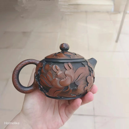 Jianshui Purple Clay Pure Handmade Lotus Xishi Full Carving Tea Pot(Not Yixing Zisha) Kung Fu Tea Set Drinkware Tea Ceremony