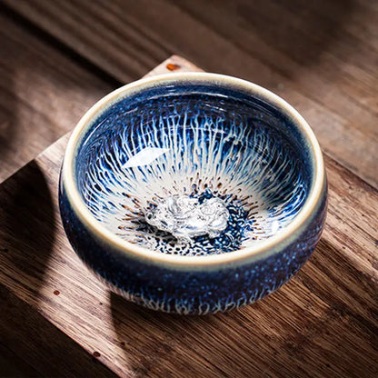 Jianzhan Ceramic Tea Cup Tenmoku Glazed Gilt Gold Inlaid Silver Dragon Teacup Pigmented Kung Fu Tea Bowl Pigmented Tea Set