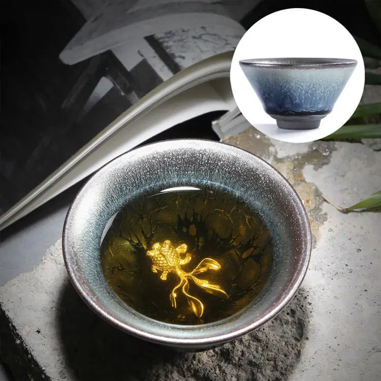 Jianzhan Ceramic Tea Cup Tenmoku Glazed Gilt Gold Inlaid Silver Dragon Teacup Pigmented Kung Fu Tea Bowl Pigmented Tea Set