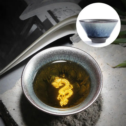 Jianzhan Ceramic Tea Cup Tenmoku Glazed Gilt Gold Inlaid Silver Dragon Teacup Pigmented Kung Fu Tea Bowl Pigmented Tea Set
