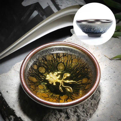 Jianzhan Ceramic Tea Cup Tenmoku Glazed Gilt Gold Inlaid Silver Dragon Teacup Pigmented Kung Fu Tea Bowl Pigmented Tea Set