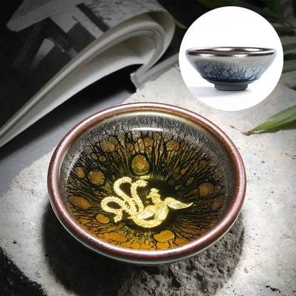 Jianzhan Ceramic Tea Cup Tenmoku Glazed Gilt Gold Inlaid Silver Dragon Teacup Pigmented Kung Fu Tea Bowl Pigmented Tea Set