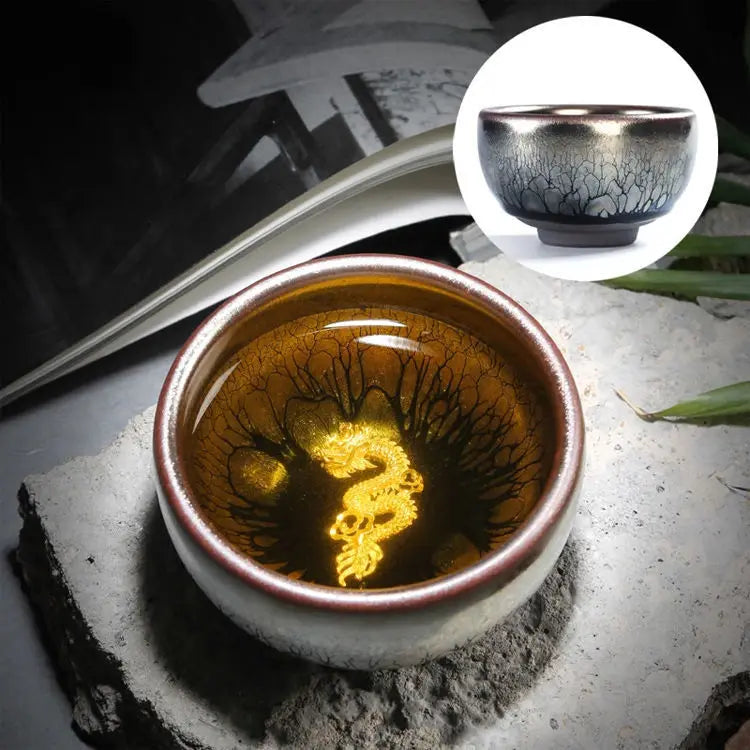 Jianzhan Ceramic Tea Cup Tenmoku Glazed Gilt Gold Inlaid Silver Dragon Teacup Pigmented Kung Fu Tea Bowl Pigmented Tea Set