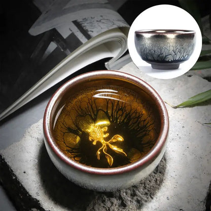 Jianzhan Ceramic Tea Cup Tenmoku Glazed Gilt Gold Inlaid Silver Dragon Teacup Pigmented Kung Fu Tea Bowl Pigmented Tea Set