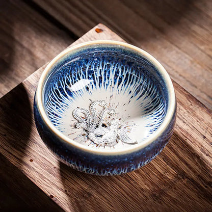 Jianzhan Ceramic Tea Cup Tenmoku Glazed Gilt Gold Inlaid Silver Dragon Teacup Pigmented Kung Fu Tea Bowl Pigmented Tea Set