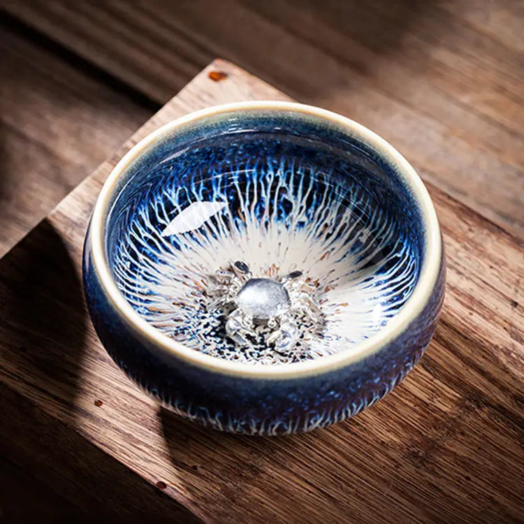 Jianzhan Ceramic Tea Cup Tenmoku Glazed Gilt Gold Inlaid Silver Dragon Teacup Pigmented Kung Fu Tea Bowl Pigmented Tea Set