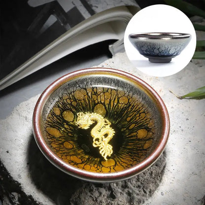 Jianzhan Ceramic Tea Cup Tenmoku Glazed Gilt Gold Inlaid Silver Dragon Teacup Pigmented Kung Fu Tea Bowl Pigmented Tea Set