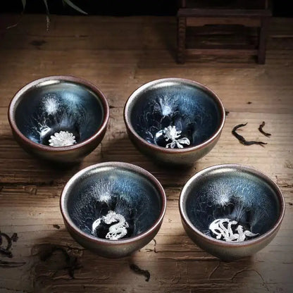 Jianzhan Ceramic Tea Cup Tenmoku Glazed Gilt Gold Inlaid Silver Dragon Teacup Pigmented Kung Fu Tea Bowl Pigmented Tea Set