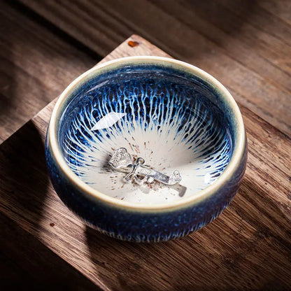Jianzhan Ceramic Tea Cup Tenmoku Glazed Gilt Gold Inlaid Silver Dragon Teacup Pigmented Kung Fu Tea Bowl Pigmented Tea Set