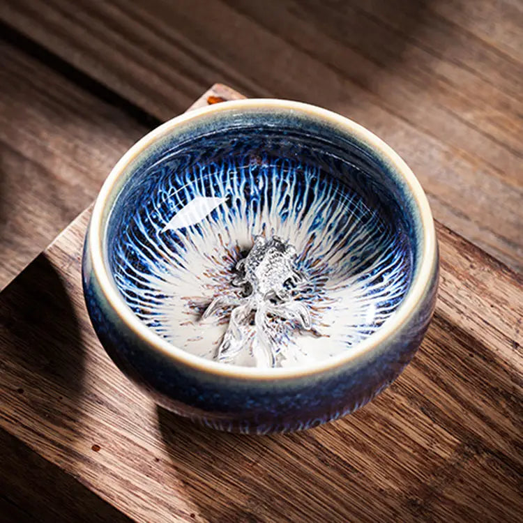 Jianzhan Ceramic Tea Cup Tenmoku Glazed Gilt Gold Inlaid Silver Dragon Teacup Pigmented Kung Fu Tea Bowl Pigmented Tea Set