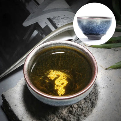 Jianzhan Ceramic Tea Cup Tenmoku Glazed Gilt Gold Inlaid Silver Dragon Teacup Pigmented Kung Fu Tea Bowl Pigmented Tea Set