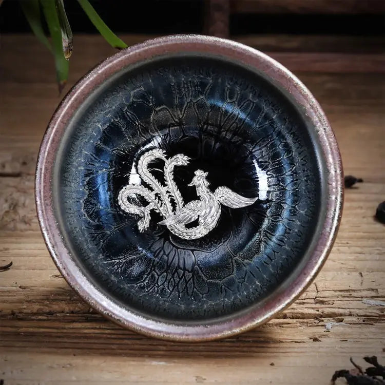 Jianzhan Ceramic Tea Cup Tenmoku Glazed Gilt Gold Inlaid Silver Dragon Teacup Pigmented Kung Fu Tea Bowl Pigmented Tea Set