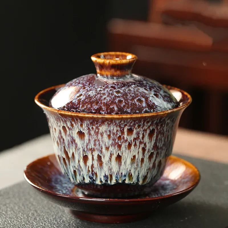 Jianzhan Tea Cup Porcelain Gaiwan Saucer Exquisite Starry Sky Glazed Ceramic Gaiwan Kiln Transformation Cover Bowl Soup With Lid
