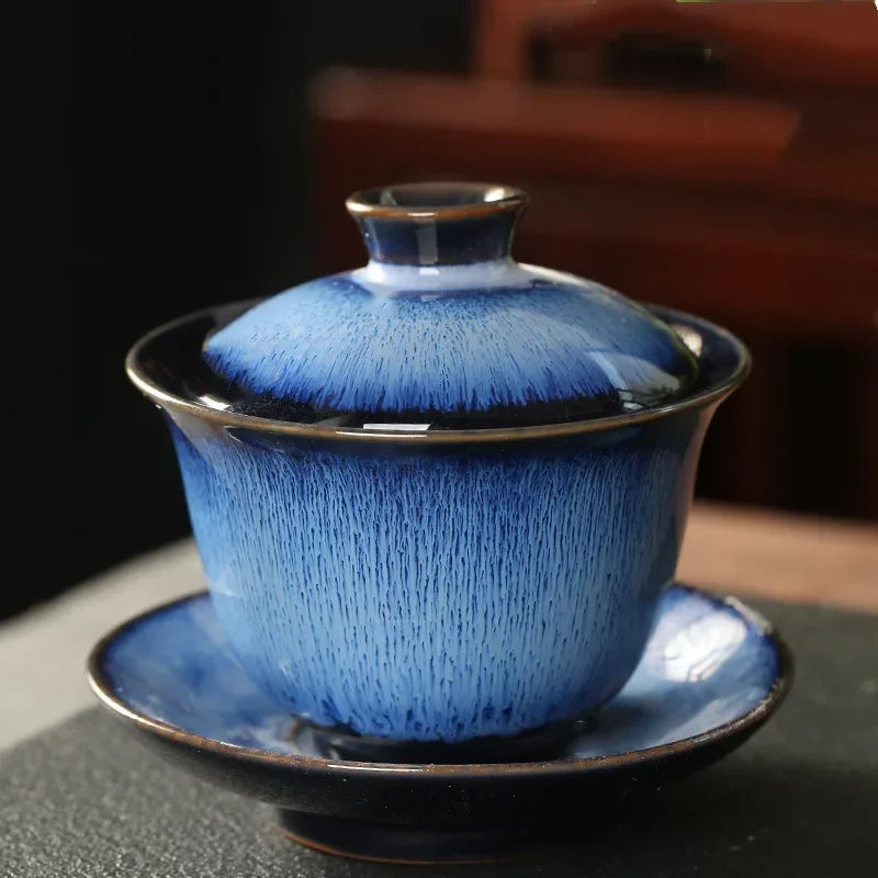 Jianzhan Tea Cup Porcelain Gaiwan Saucer Exquisite Starry Sky Glazed Ceramic Gaiwan Kiln Transformation Cover Bowl Soup With Lid