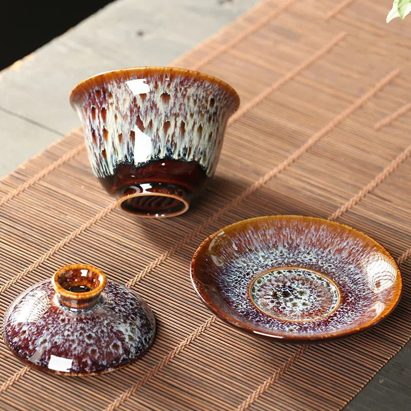 Jianzhan Tea Cup Porcelain Gaiwan Saucer Exquisite Starry Sky Glazed Ceramic Gaiwan Kiln Transformation Cover Bowl Soup With Lid