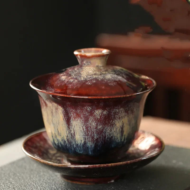 Jianzhan Tea Cup Porcelain Gaiwan Saucer Exquisite Starry Sky Glazed Ceramic Gaiwan Kiln Transformation Cover Bowl Soup With Lid
