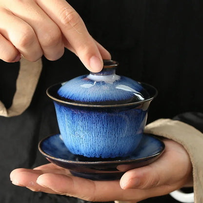 Jianzhan Tea Cup Porcelain Gaiwan Saucer Exquisite Starry Sky Glazed Ceramic Gaiwan Kiln Transformation Cover Bowl Soup With Lid