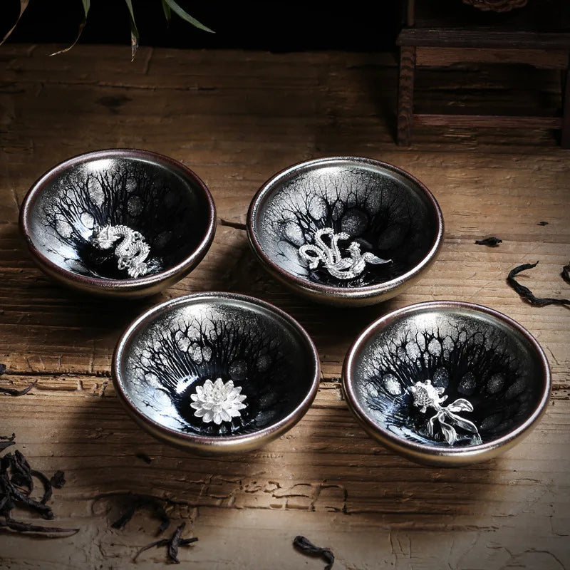 Jianzhan Tea Cup Tianmu Glaze Inlaid Silver Tea Bowl Kung Fu Tea Set Kiln Ceramic Tea Cup Chinese Tea Set Exquisite Teacup Gift
