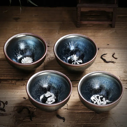 Jianzhan Tea Cup Tianmu Glaze Inlaid Silver Tea Bowl Kung Fu Tea Set Kiln Ceramic Tea Cup Chinese Tea Set Exquisite Teacup Gift
