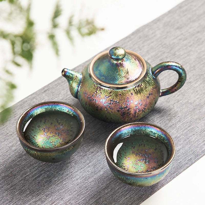 Jianzhan creative tea pot kiln change pottery pot with matching tea cup Chinese kungfu tea set Tianmu glaze on sales in China