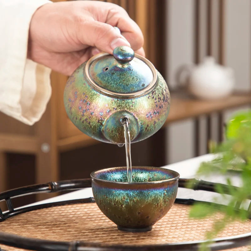 Jianzhan creative tea pot kiln change pottery pot with matching tea cup Chinese kungfu tea set Tianmu glaze on sales in China