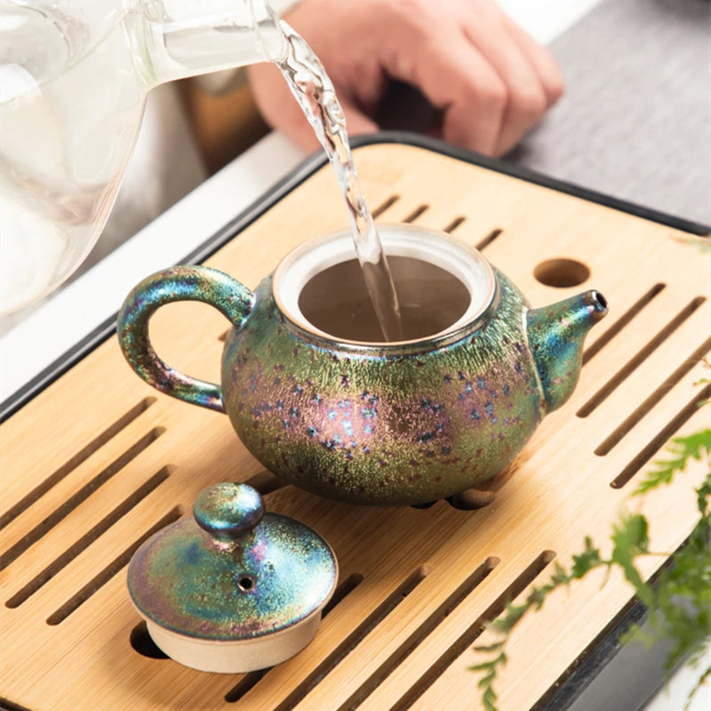 Jianzhan creative tea pot kiln change pottery pot with matching tea cup Chinese kungfu tea set Tianmu glaze on sales in China